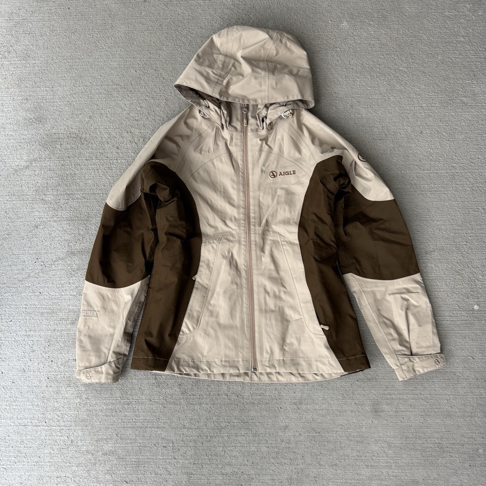 Aigle Women's Hooded Outdoor Hiking Jacket Beige Brown‎ Size L Waterproof Style